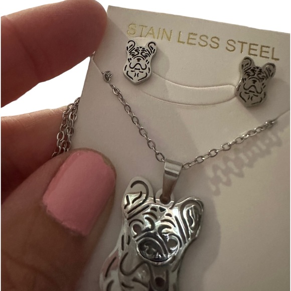 Stainless Steel Silver Frenchie Dog Cut Metal Necklace and Earring Set - Picture 4 of 4